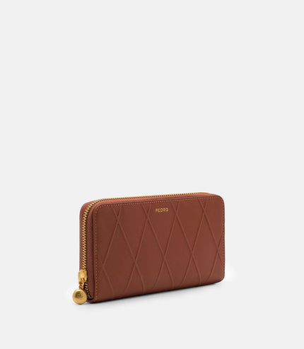 Quilted Leather Long Wallet - Brick