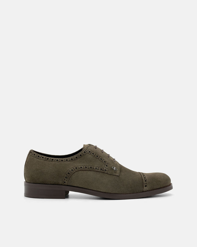Leather Brogue Derby Shoes - Olive