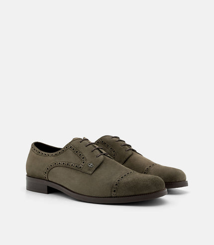 Leather Brogue Derby Shoes - Olive