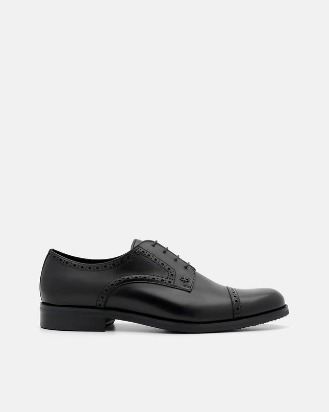 Leather Brogue Derby Shoes - Black Burnish