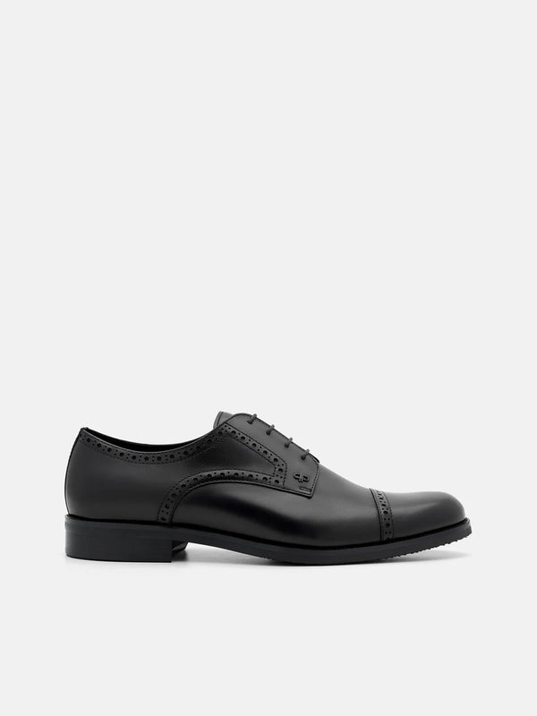 Leather Brogue Derby Shoes - Black Burnish