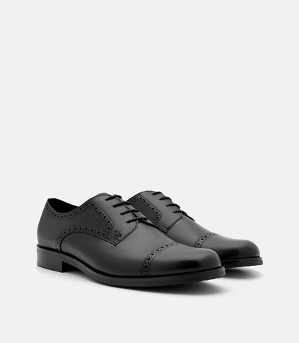 Leather Brogue Derby Shoes - Black Burnish