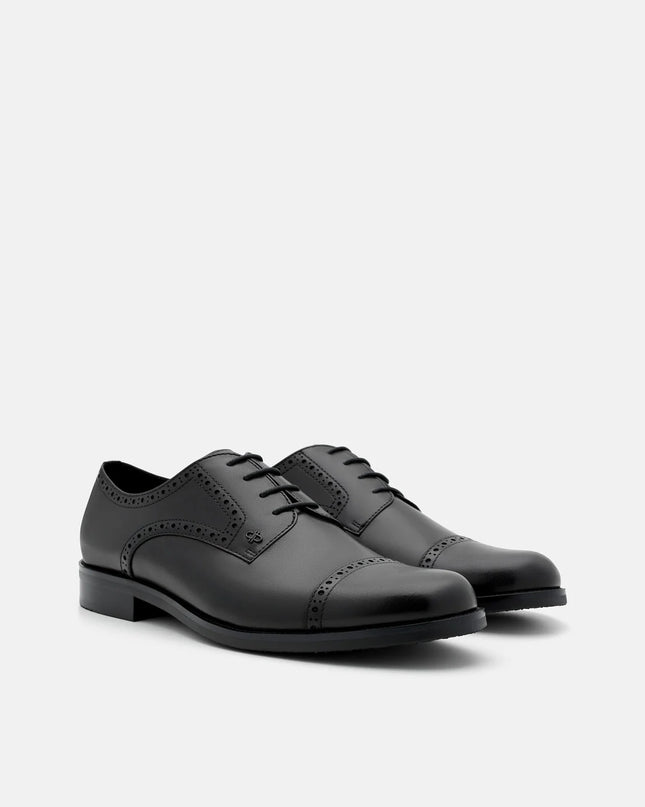 Leather Brogue Derby Shoes - Black Burnish