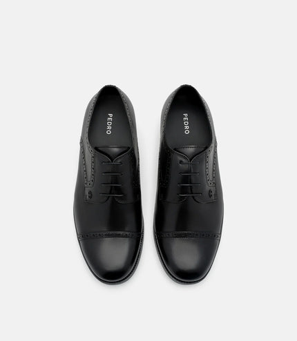 Leather Brogue Derby Shoes - Black Burnish