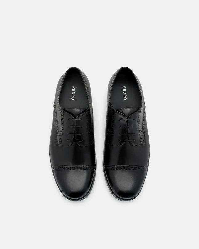 Leather Brogue Derby Shoes - Black Burnish