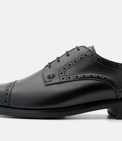 Leather Brogue Derby Shoes - Black Burnish