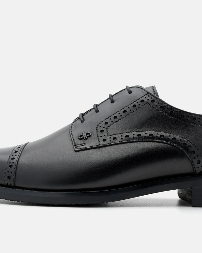 Leather Brogue Derby Shoes - Black Burnish