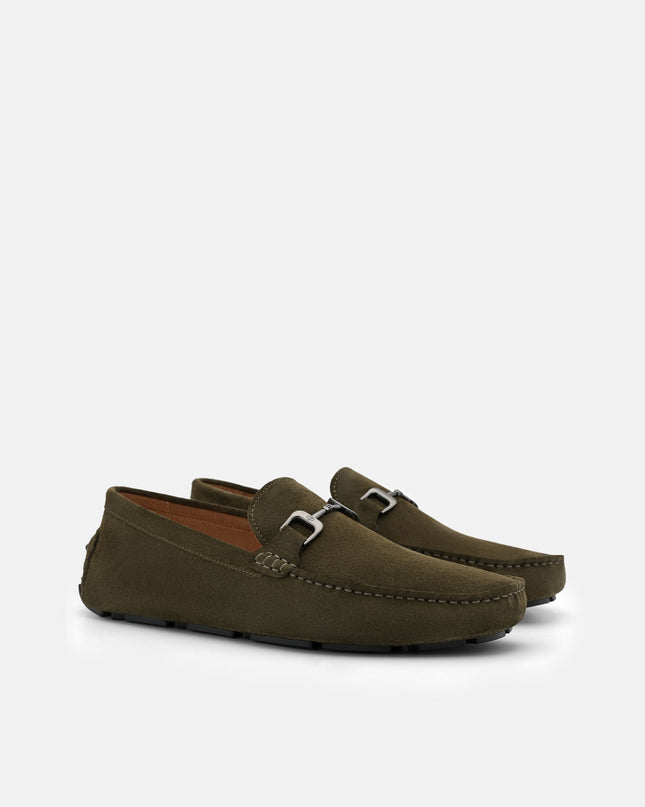 Leather Horsebit Driving Shoes - Military Green Suede