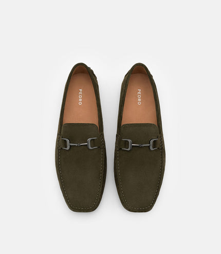 Leather Horsebit Driving Shoes - Military Green Suede
