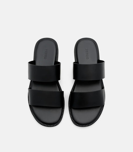 Leather Double-Strap Slide Sandals - Black