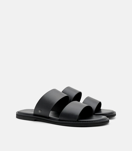 Leather Double-Strap Slide Sandals - Black