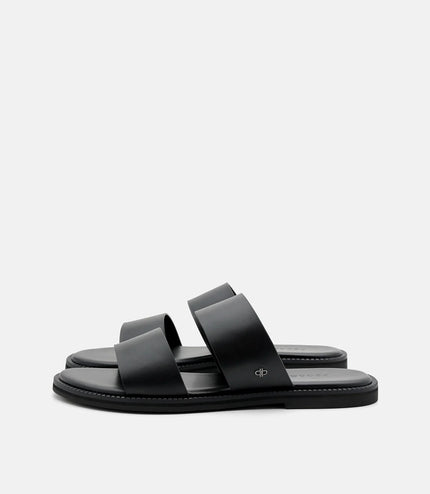 Leather Double-Strap Slide Sandals - Black