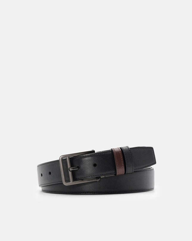 Saffiano Leather Reversible Pin Belt - Black Saffiano