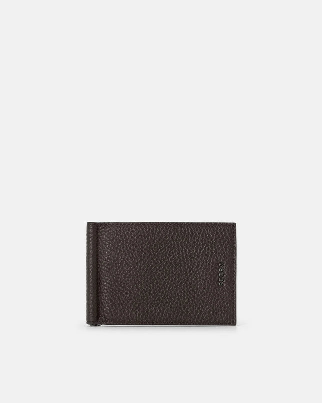 Embossed Leather Bi-Fold Card Holder with Money Clip - Espresso Brown Tumble