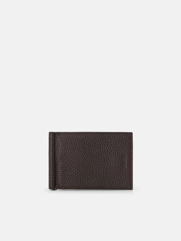 Embossed Leather Bi-Fold Card Holder with Money Clip - Espresso Brown Tumble