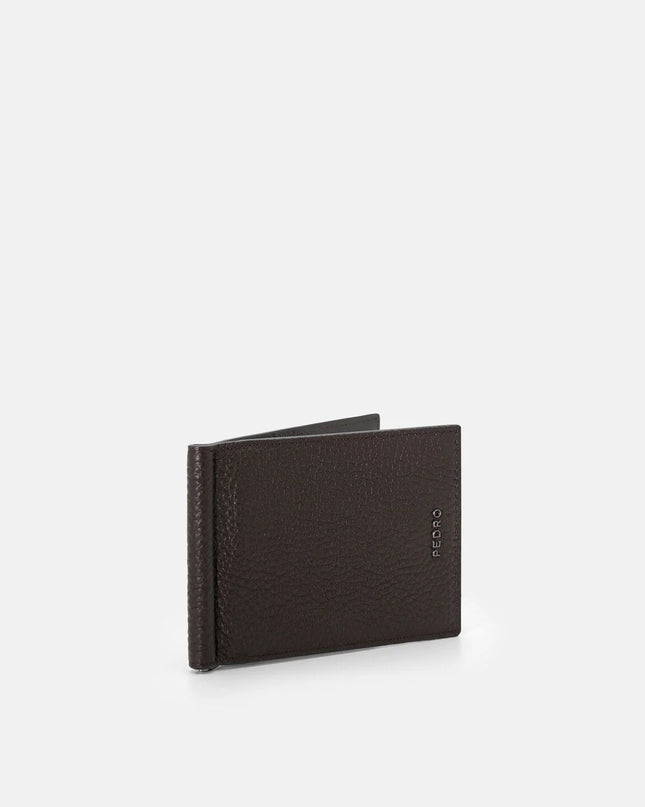 Embossed Leather Bi-Fold Card Holder with Money Clip - Espresso Brown Tumble