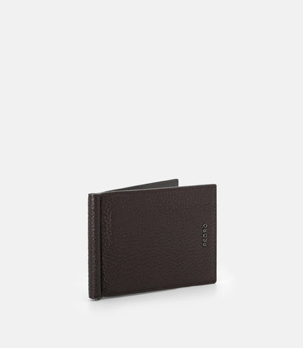 Embossed Leather Bi-Fold Card Holder with Money Clip - Espresso Brown Tumble