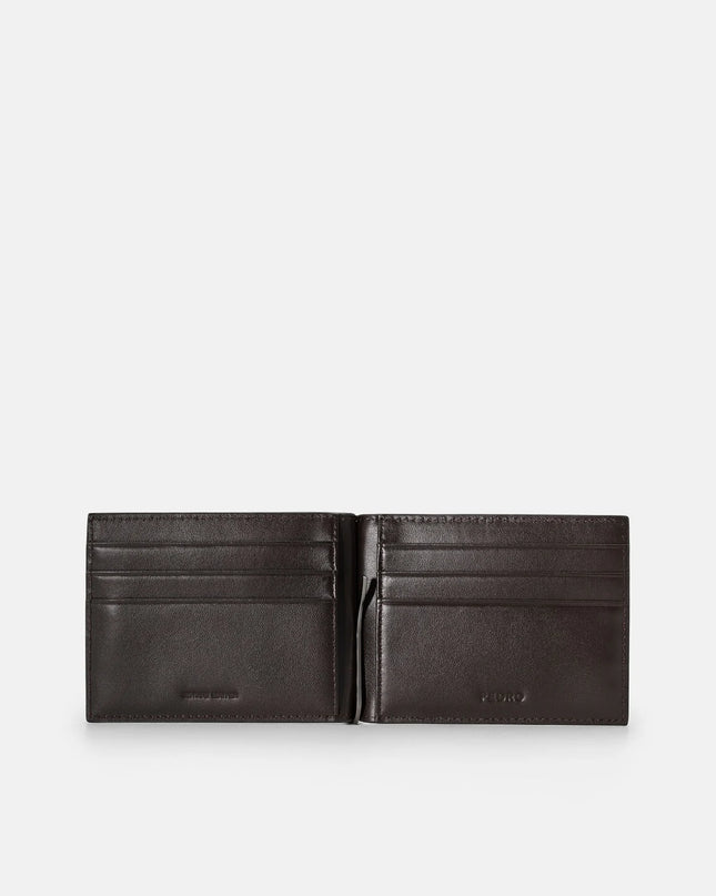 Embossed Leather Bi-Fold Card Holder with Money Clip - Espresso Brown Tumble