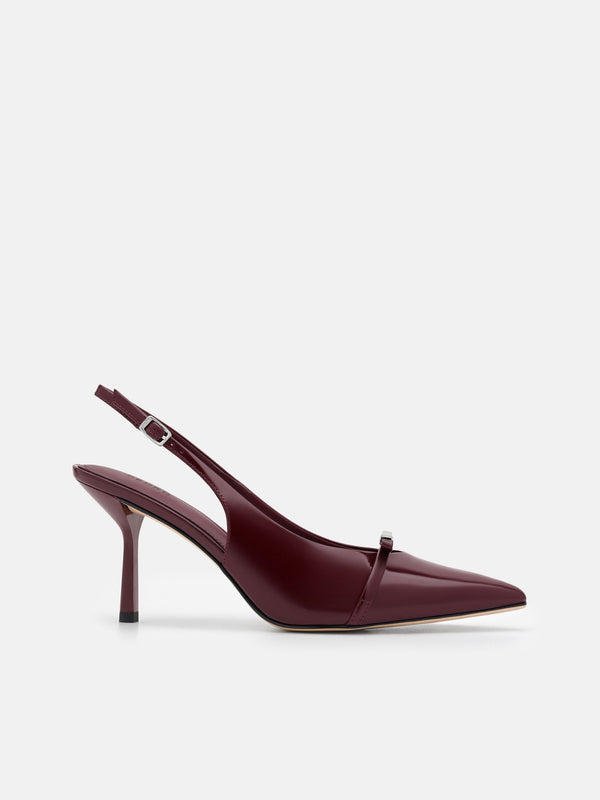 Jeanine Patent Leather Heel Slingback Pumps - Burgundy Patent