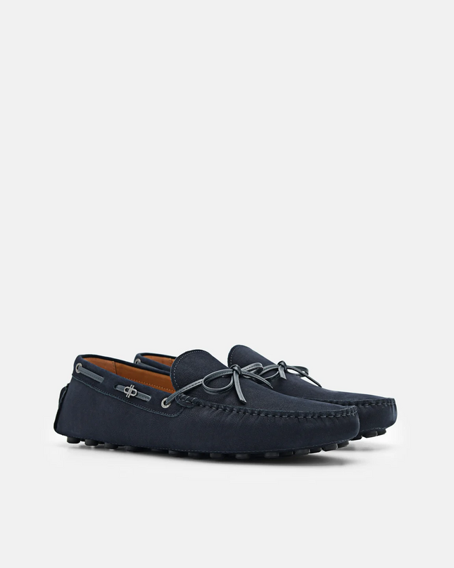 Leather Bow Driving Shoes - Navy