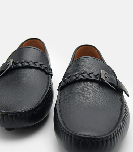 Saffiano Leather Driving Shoes - Black