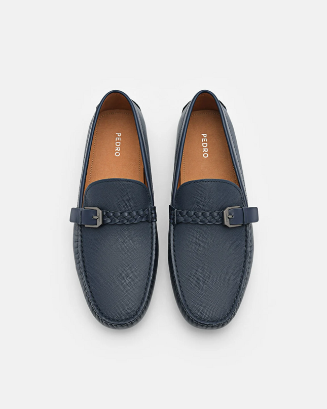 Saffiano Leather Driving Shoes - Navy
