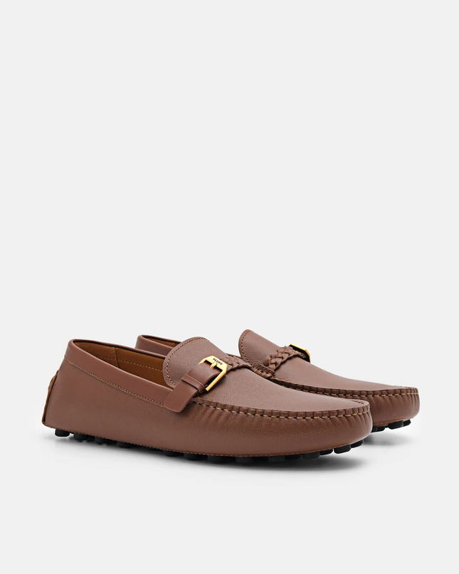 Saffiano Leather Driving Shoes - Brown