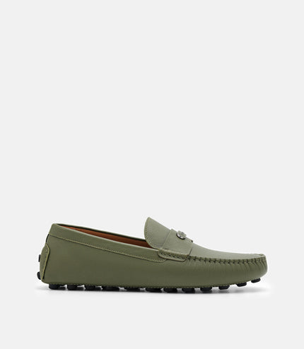 Embossed Leather Driving Shoes - Olive
