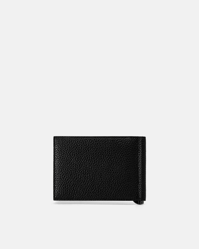 Leather Bi-Fold Card Holder with Money Clip - Black