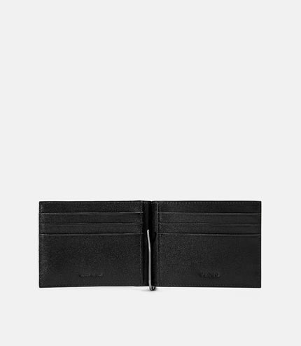 Leather Bi-Fold Card Holder with Money Clip - Black
