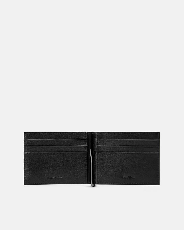 Leather Bi-Fold Card Holder with Money Clip - Black