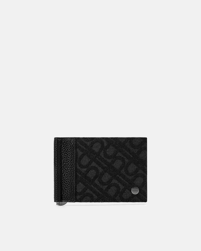 Leather Bi-Fold Card Holder with Money Clip - Black