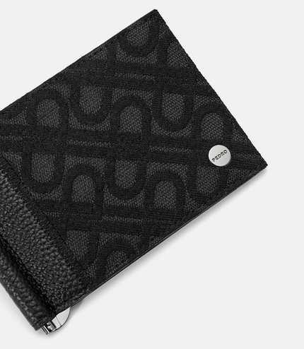 Leather Bi-Fold Card Holder with Money Clip - Black