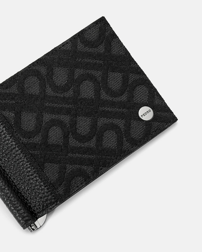 Leather Bi-Fold Card Holder with Money Clip - Black