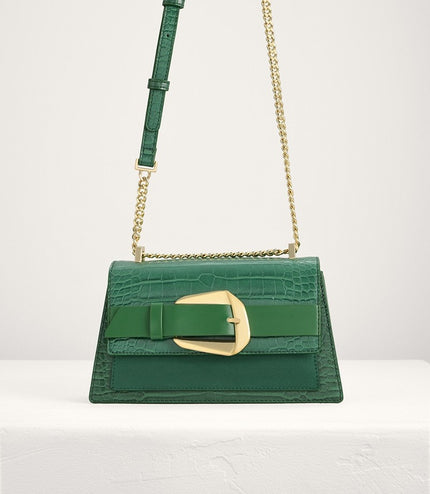 Buckled Croc-Effect Shoulder Bag
