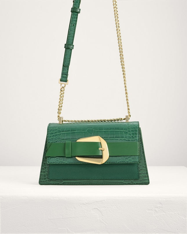 Buckled Croc-Effect Shoulder Bag