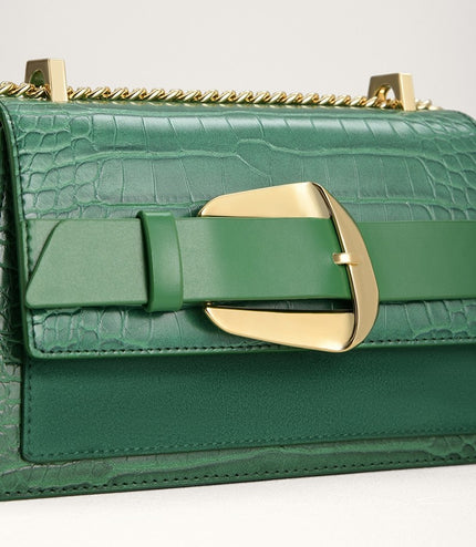 Buckled Croc-Effect Shoulder Bag