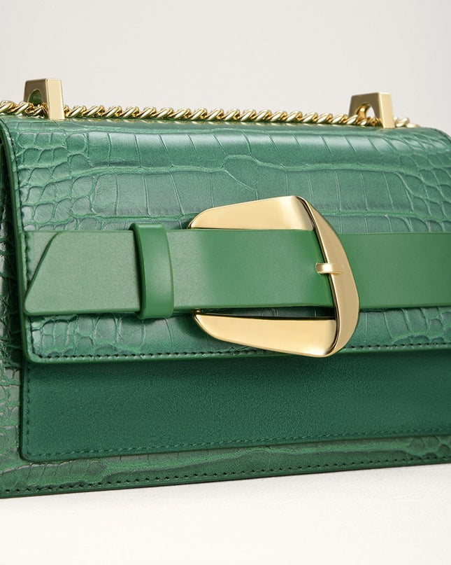 Buckled Croc-Effect Shoulder Bag