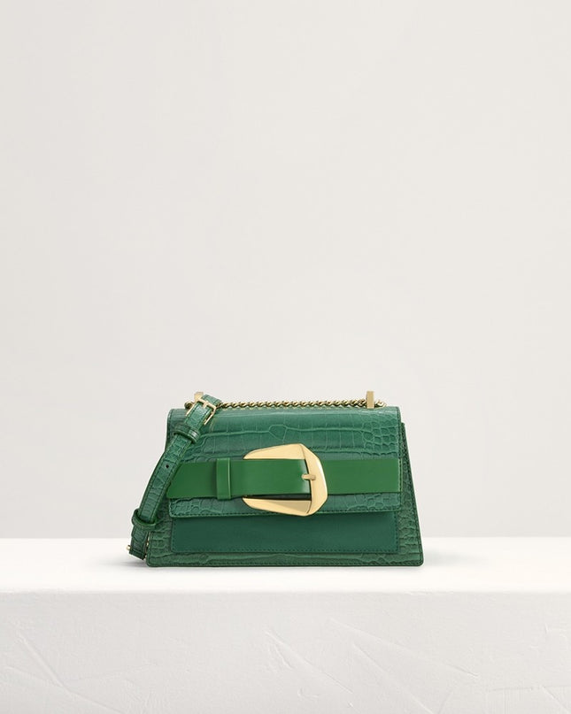 Buckled Croc-Effect Shoulder Bag