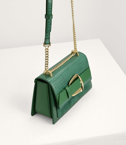 Buckled Croc-Effect Shoulder Bag