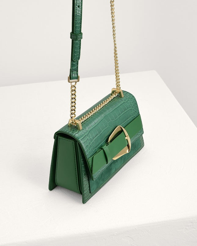 Buckled Croc-Effect Shoulder Bag