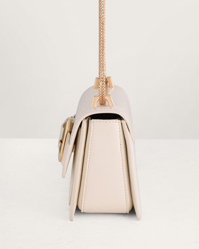 Buckled Croc-Effect Shoulder Bag