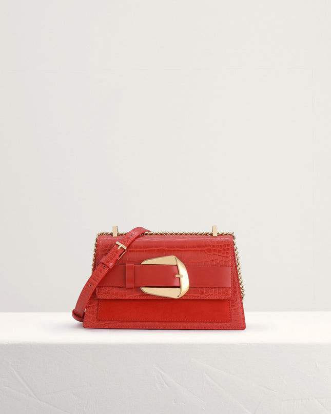Buckled Croc-Effect Shoulder Bag
