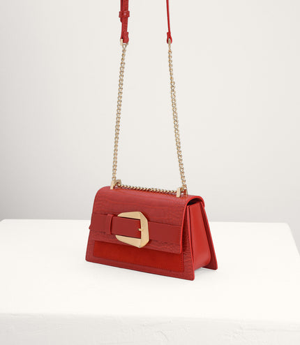Buckled Croc-Effect Shoulder Bag