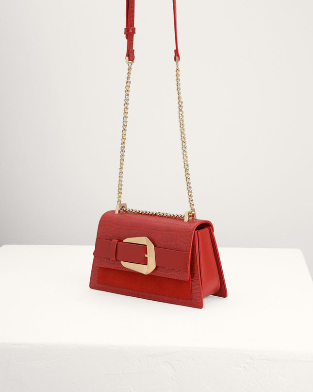 Buckled Croc-Effect Shoulder Bag