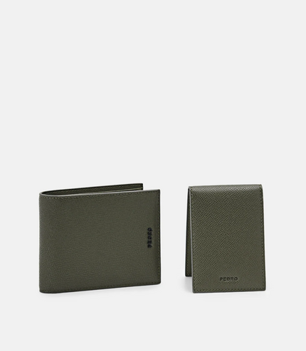 Embossed Leather Bi-Fold Wallet with Insert - Military Green