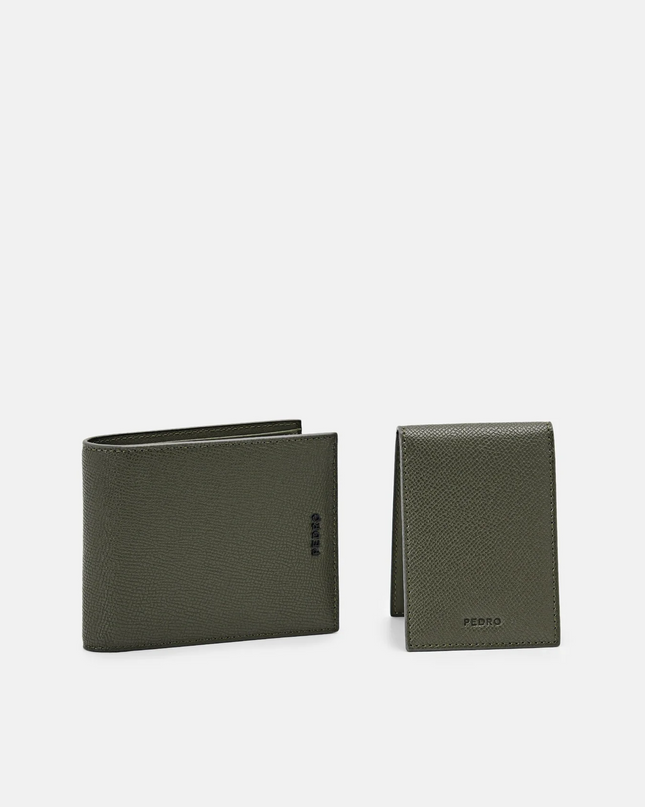 Embossed Leather Bi-Fold Wallet with Insert - Military Green