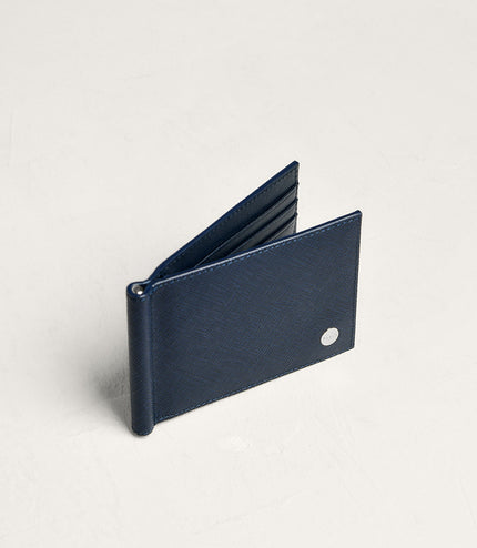 Leather Bi-Fold Money Clip Cardholder - Navy