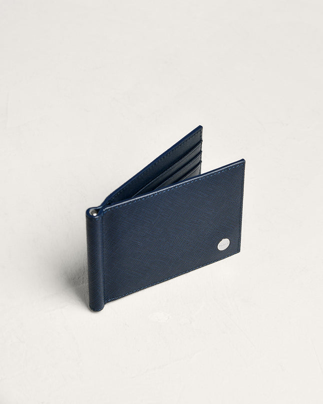 Leather Bi-Fold Money Clip Cardholder - Navy