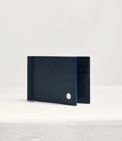 Leather Bi-Fold Money Clip Cardholder - Navy